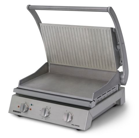 roband, grill-station, professionelle grillstation, gerillte obere platte, unten glatt, kontaktgrill, ausbalancierte obere grillplatte, langelebiges edelstahlgehaeuse, gebuerstet, timer mit alarmsignal, 220-240V