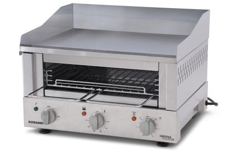griddle toaster, roband, grillplatte, salamander, kruemelblech, erhoehter spritzschutz, separate heizelemente, 8mm grillstahlplatte, doppelwandiger fettauffangbehaelter integriert, getrennte thermostatregelung