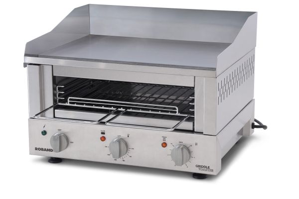 griddle toaster, roband, grillplatte, salamander, kruemelblech, erhoehter spritzschutz, separate heizelemente, 8mm grillstahlplatte, doppelwandiger fettauffangbehaelter integriert, getrennte thermostatregelung